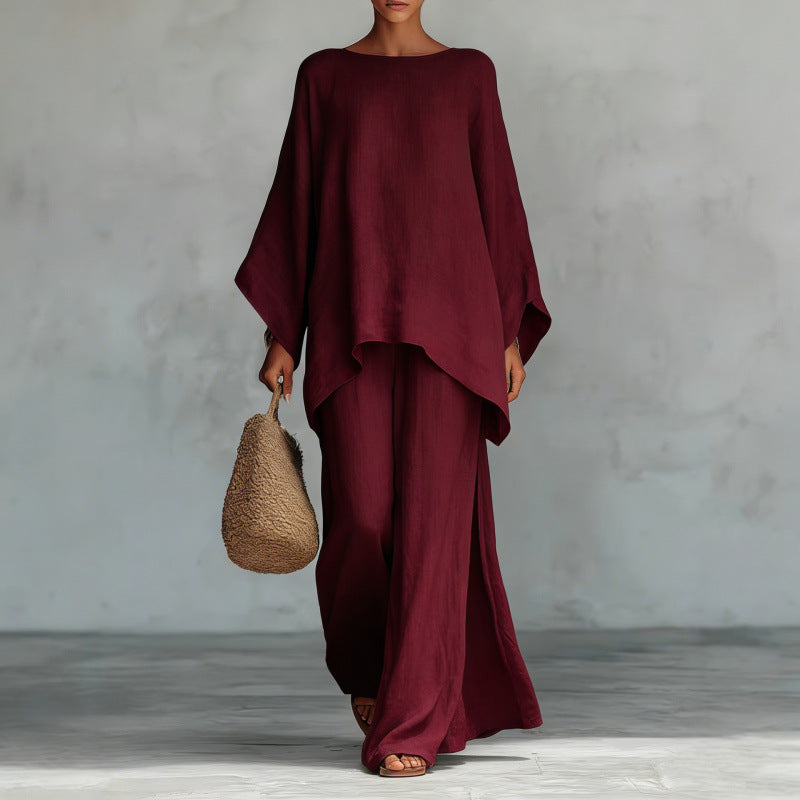Women's European And American Cross-Border New Style Women's Simple Loose Linen Blend Shirt And Wide-Leg Pants Set - Burgundy