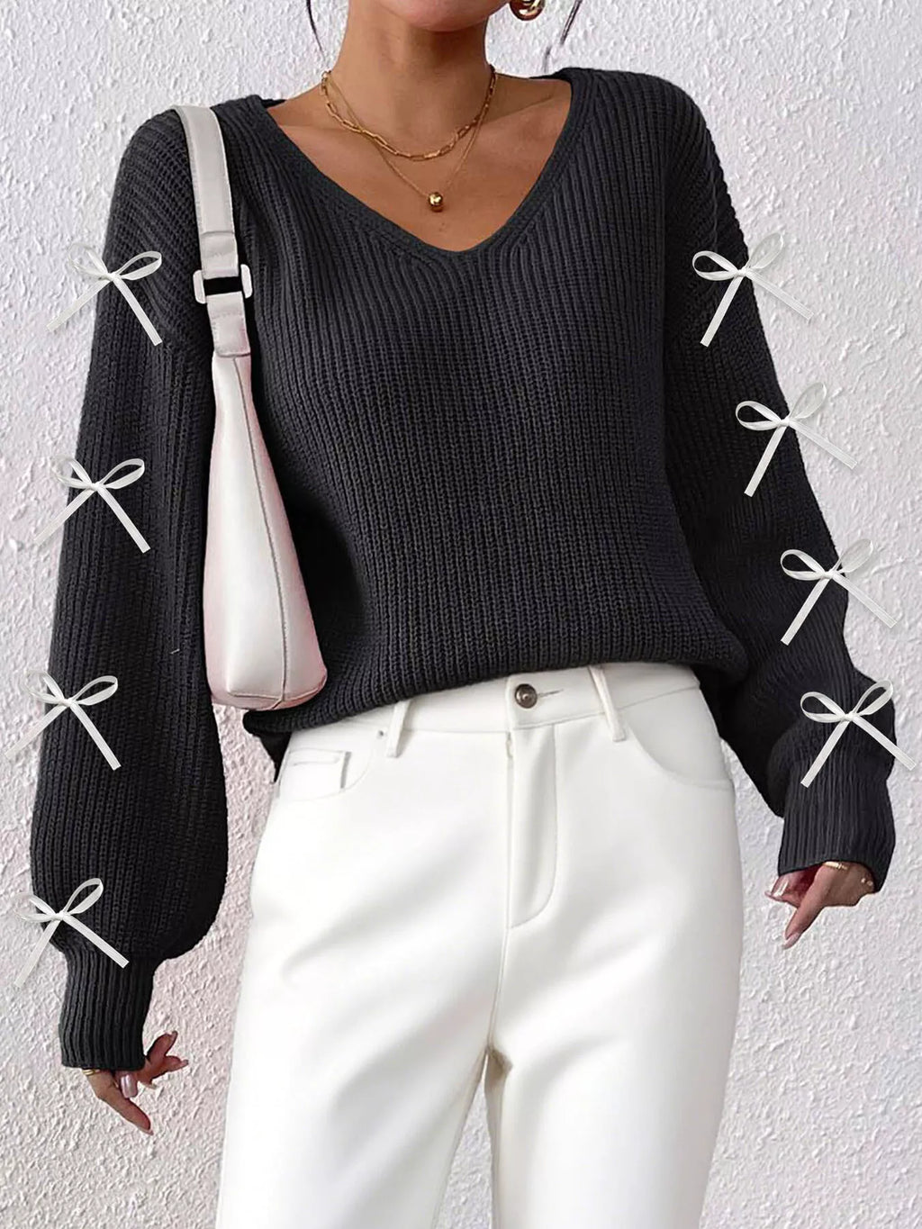 Women's Bow-Tie Sleeve V-Neck Sweater