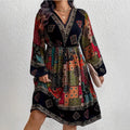 Women's Long Sleeve V-neck Printed Dress