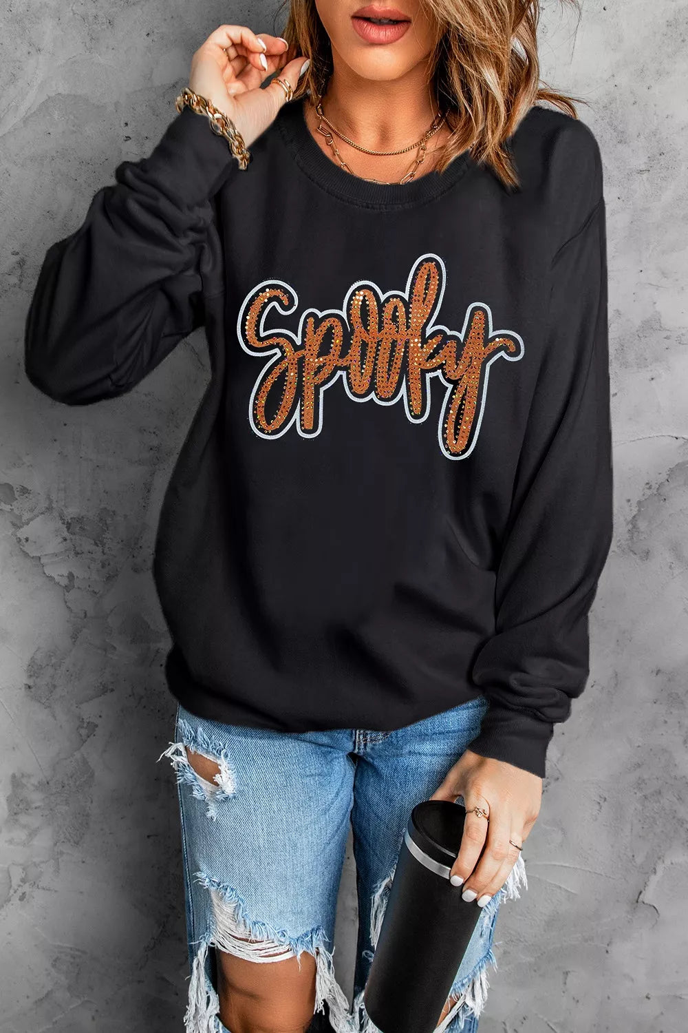 Spooky Rhinestone Drop Shoulder Sweatshirt