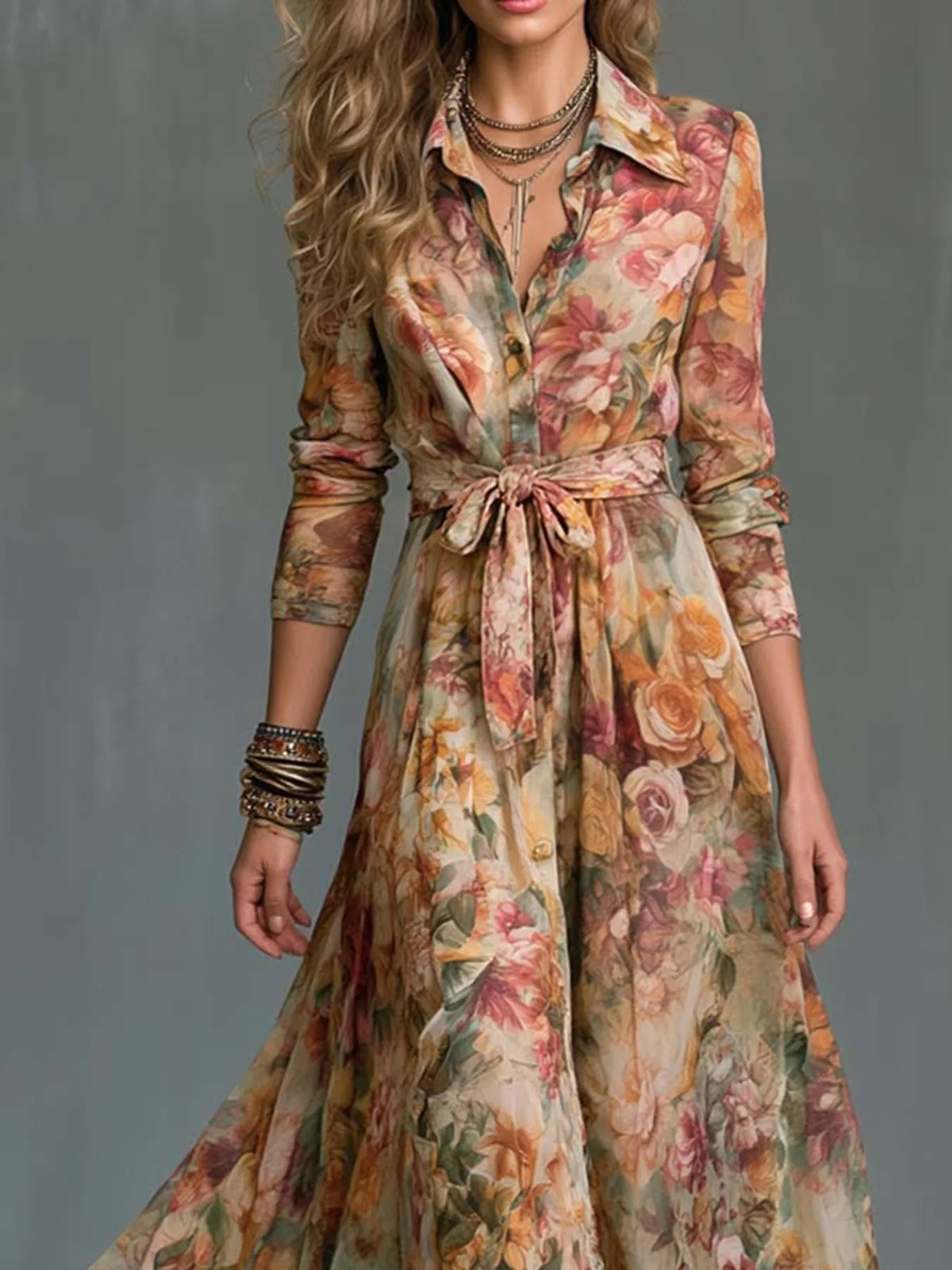 Women's Floral Print Long Sleeve Maxi Shirt Dress - Floral