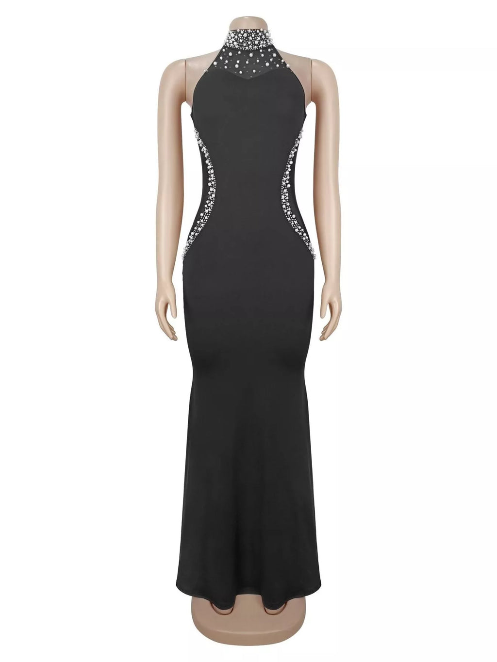 Women's Black Pearl Detail Rhinestone Sleeveless Maxi Dress - Black