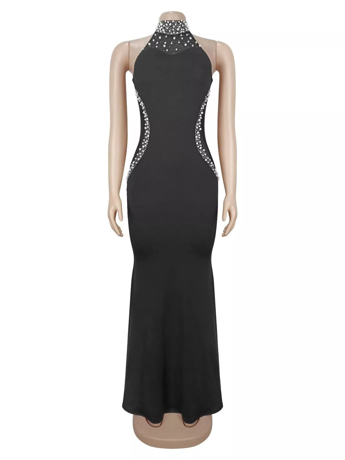 Women's Black Pearl Detail Rhinestone Sleeveless Maxi Dress - Black