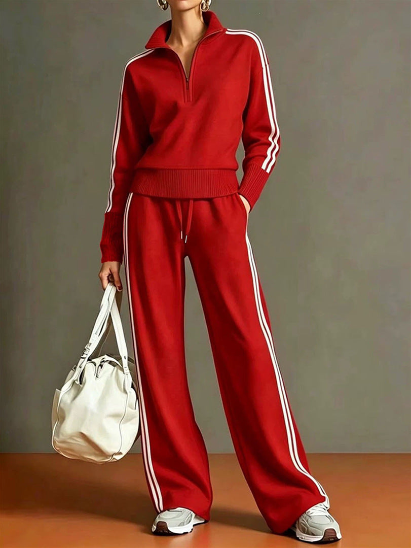 Women's 2 Piece Tracksuit Set, Half Zip Stand Collar Striped Long Sleeve Sweatshirt And Drawstring Wide Leg Pants Casual Outfit