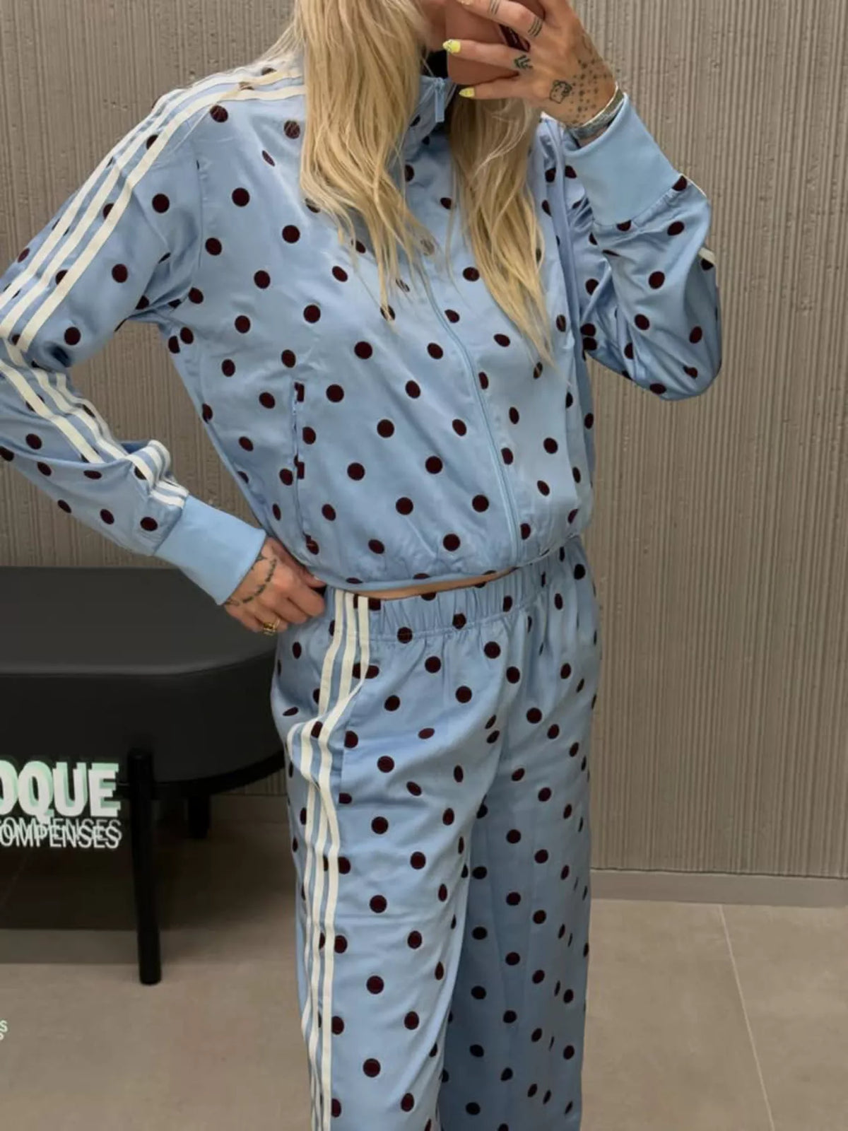 Women's Polka Dot Side Striped Outerwear and Pants Set