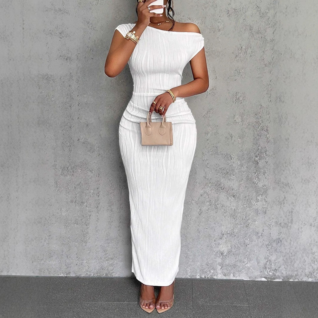 New Cute Fashion Water Ripple Slant Shoulder Dress