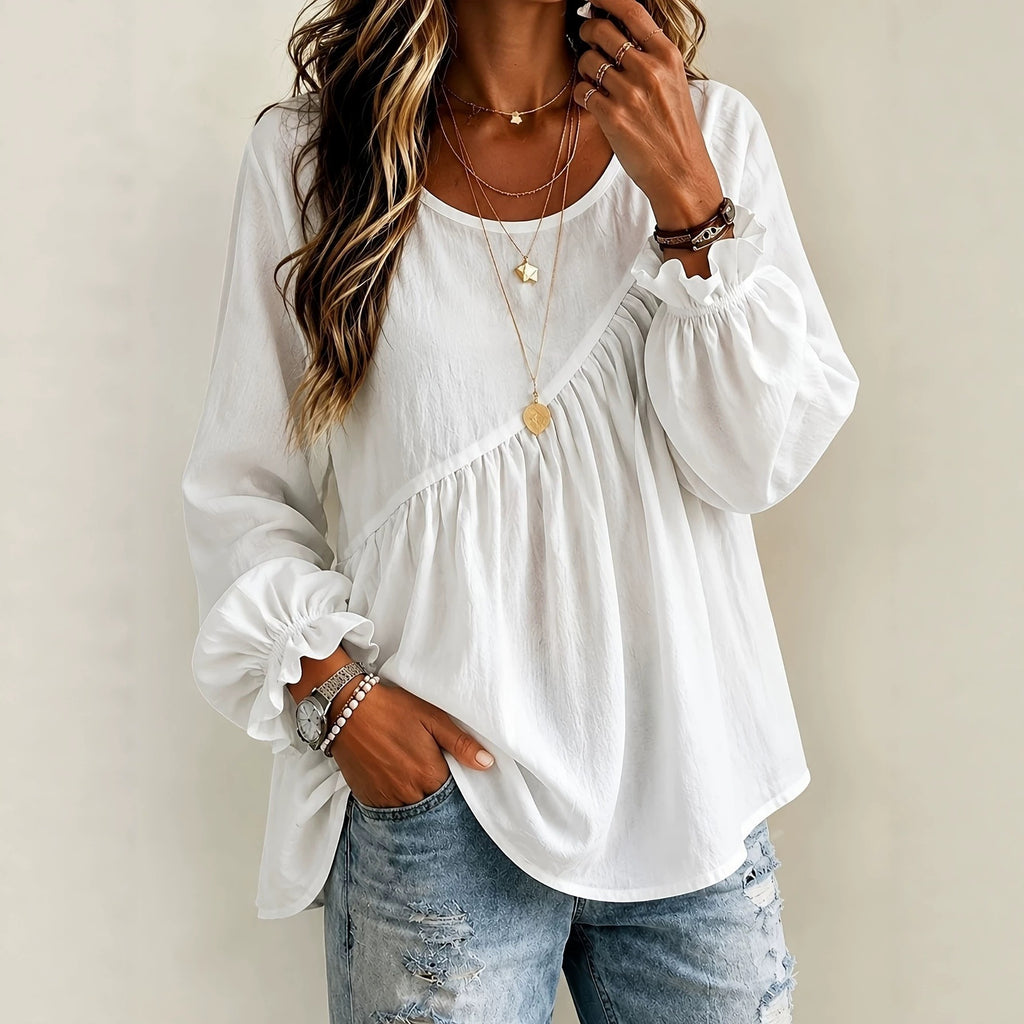 Women's 2026 New Cross-Border European And American Style Women's Solid Color Round Neck Long Sleeve Ruched Shirt Top, Casual Versatile Loose Fit