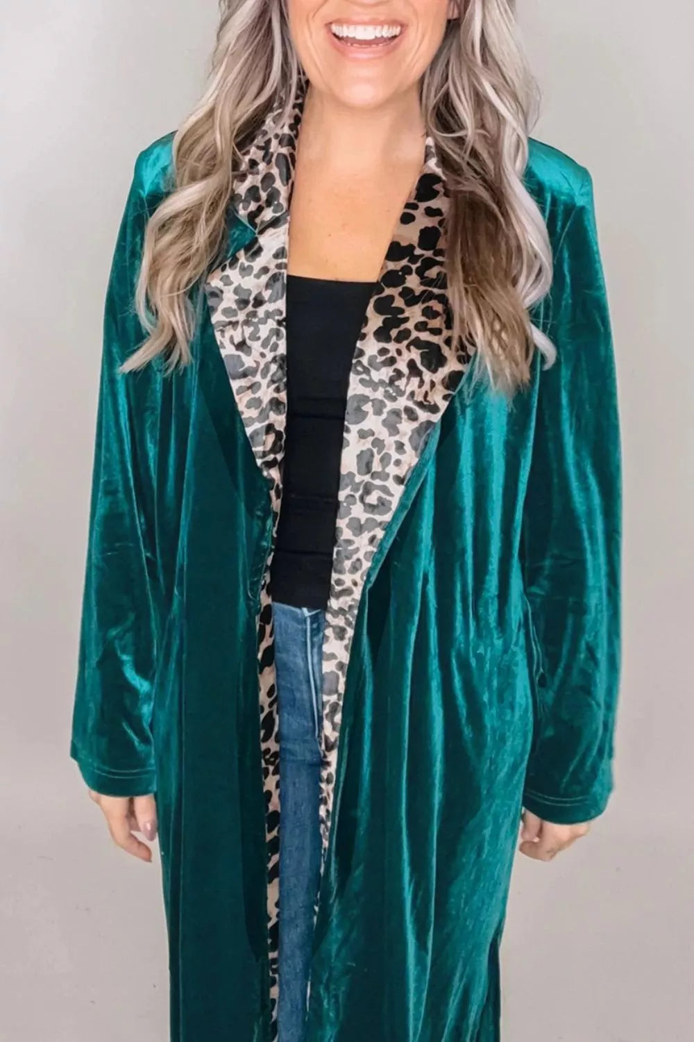 Women's Deep Teal Velvet Contrast Leopard Print Lapel Collar Open Front Cardigan - Deep Teal