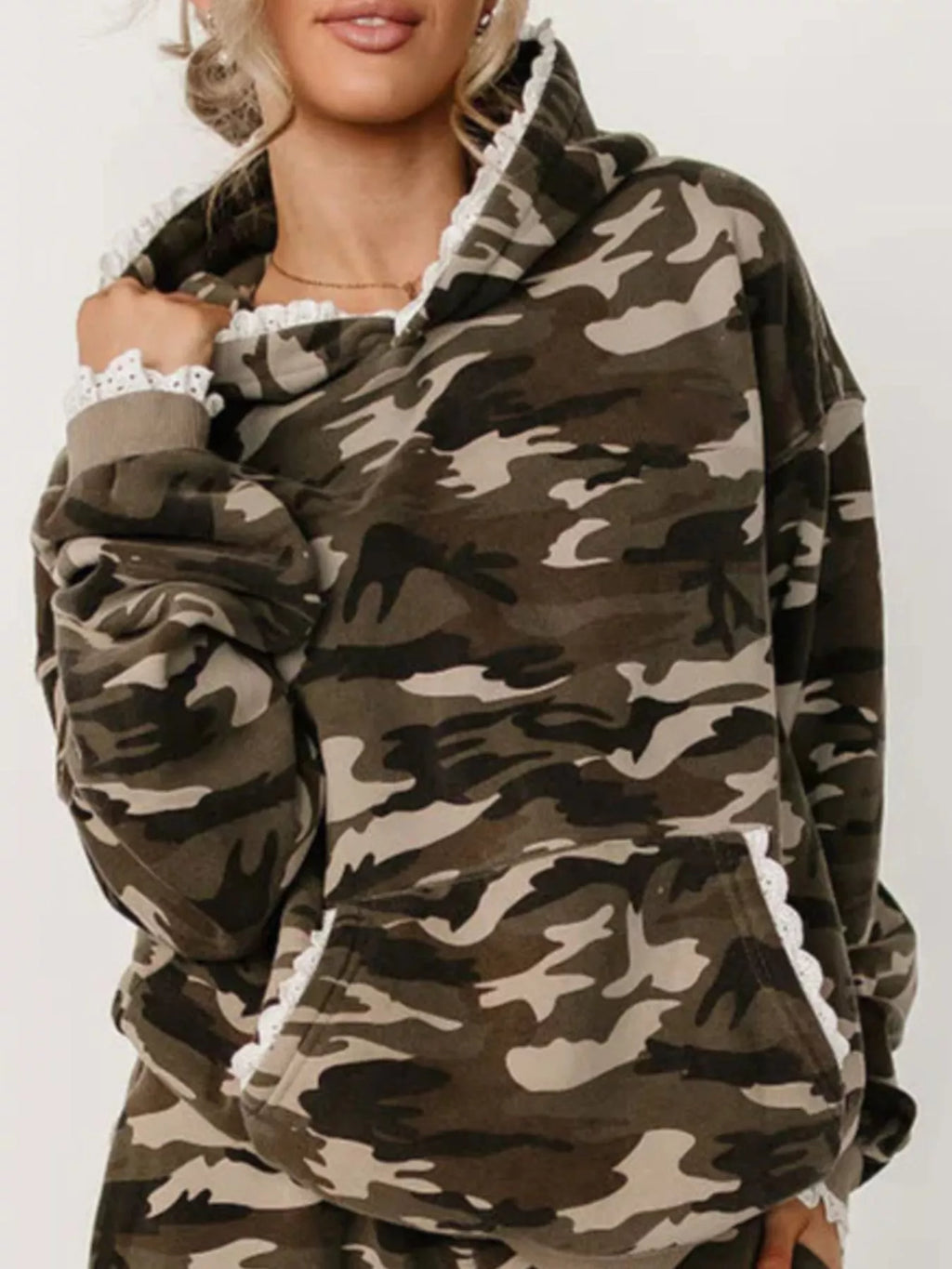 Women's Lace Trim Kangaroo Pocket Hoodie