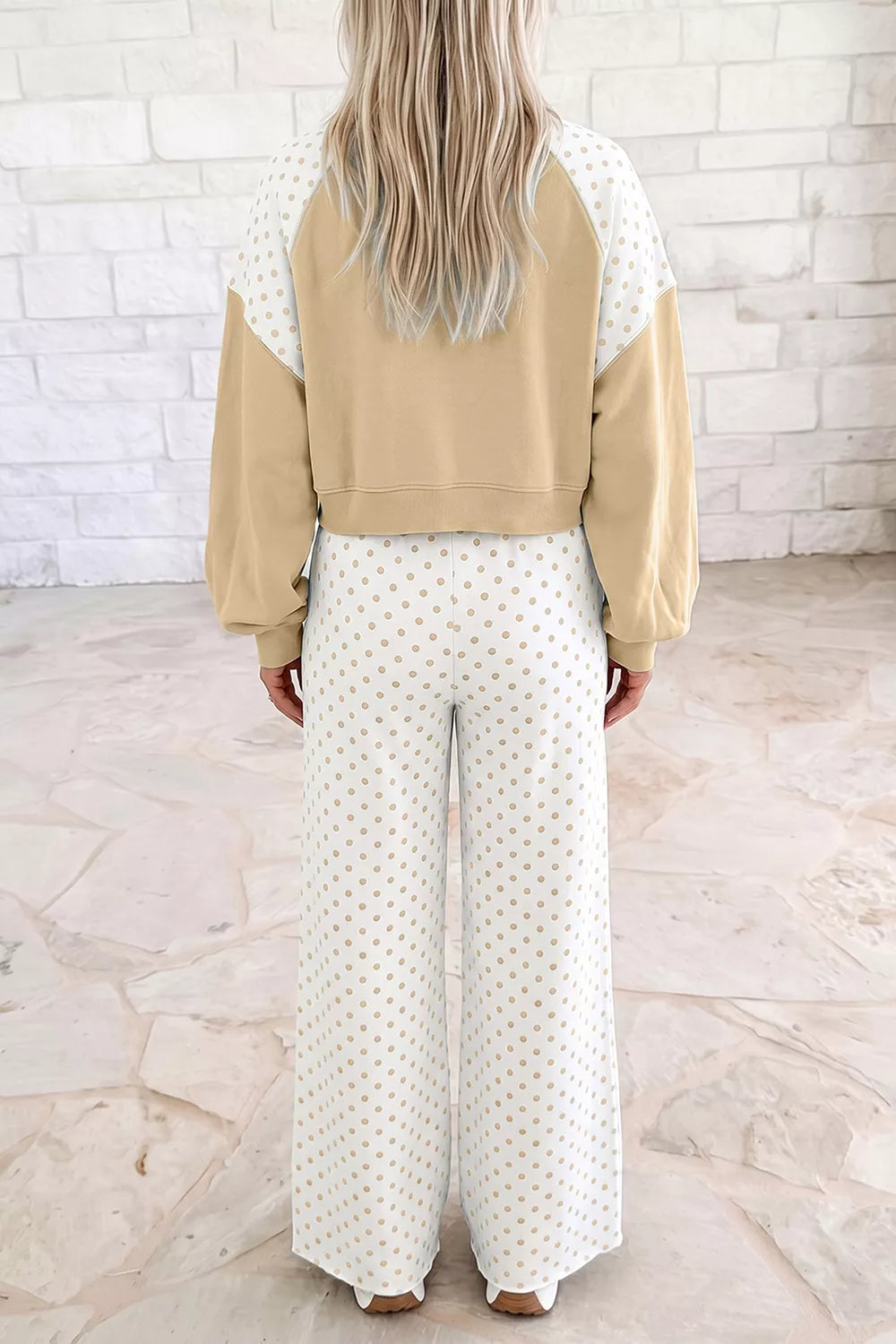 Women's Tan Polka Dot Patchwork Colorblock Long Sleeve Casual Two Piece Pants Set - Tan