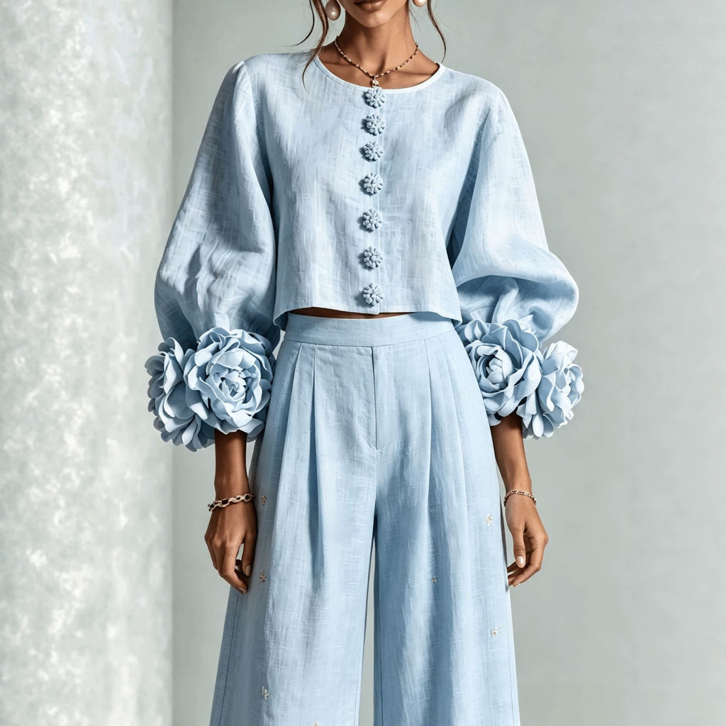 French-style Three-dimensional Floral Lantern-sleeve Top And Pants Set