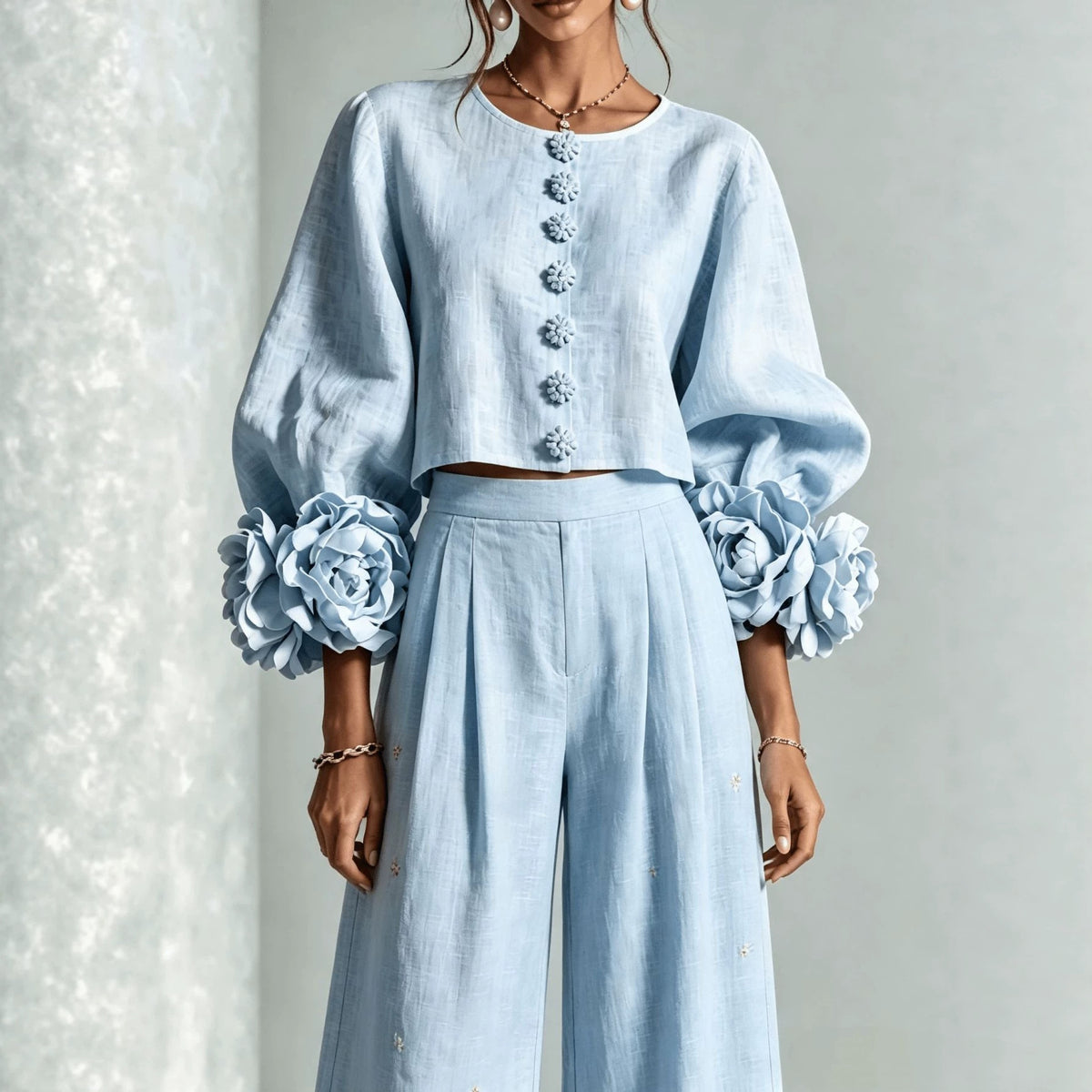 French-style Three-dimensional Floral Lantern-sleeve Top And Pants Set