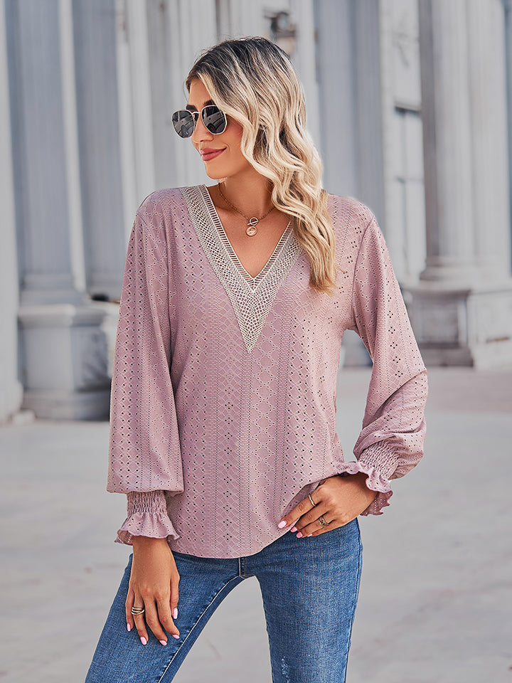 Women's V-Neck Eyelet Flounce Sleeve Blouse