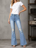 Women's Light Blue High-Waisted Distressed Flare Jeans - Light Blue