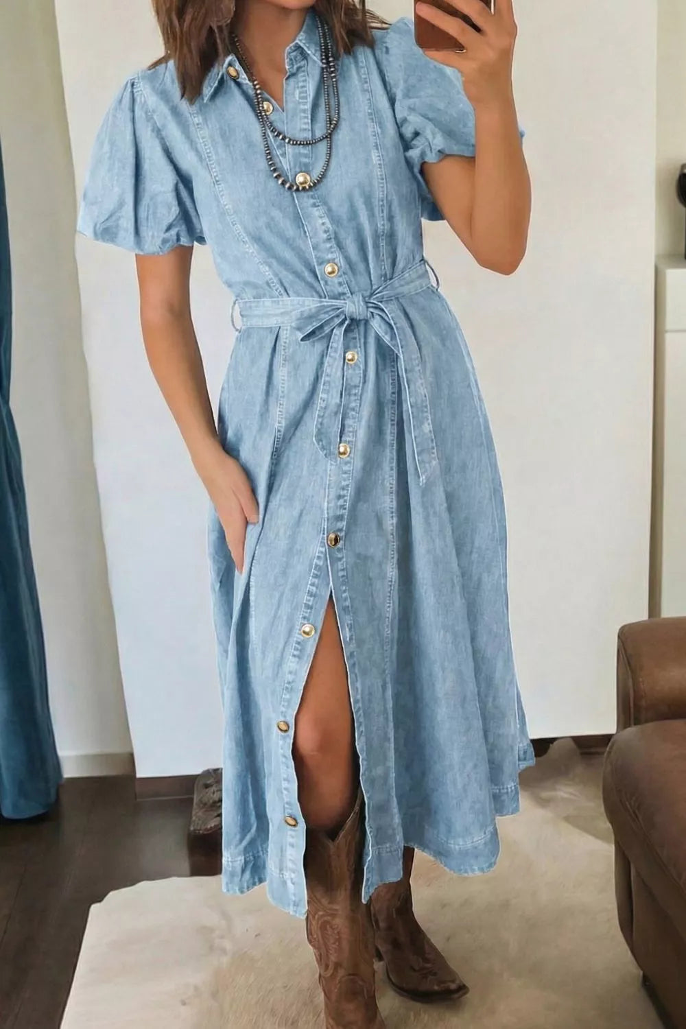 Women's Light Blue Full Buttons Collared Short Bubble Sleeve Long Denim Dress - Light Blue
