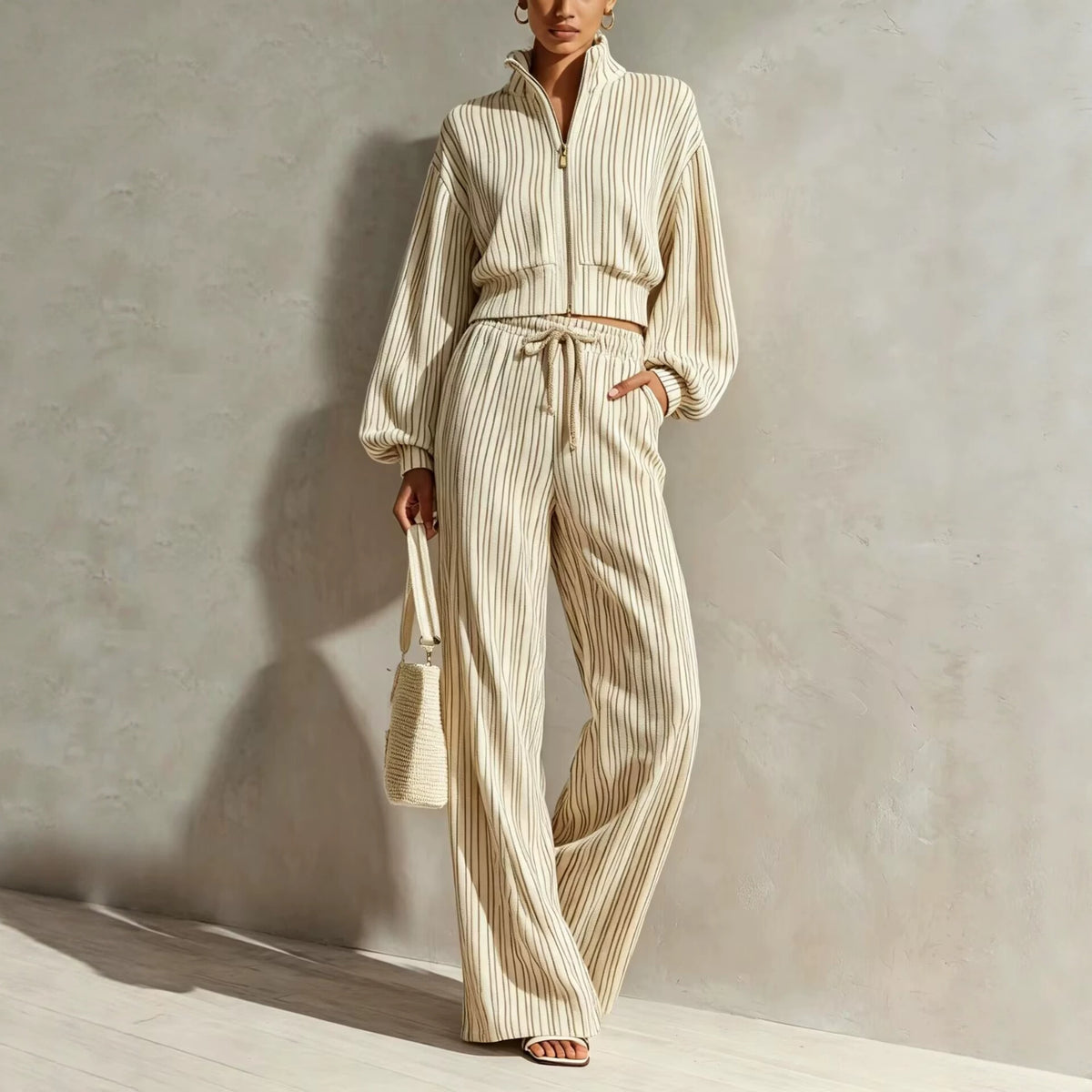 Striped Zip-up Cardigan And Wide-leg Pants Two-piece Set