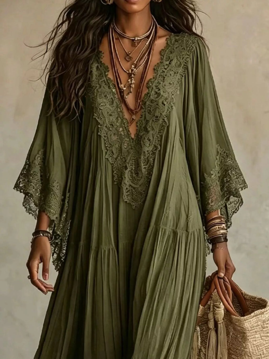 Women's Lace Trim V-Neck Maxi Dress