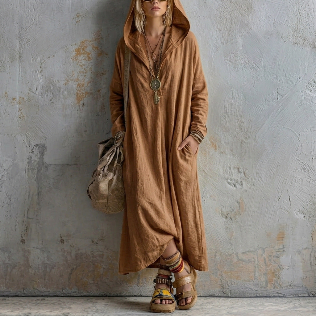 Women's Solid Color Long Hooded Cotton Linen Dress, Loose Bohemian Style Women's Clothing - Khaki