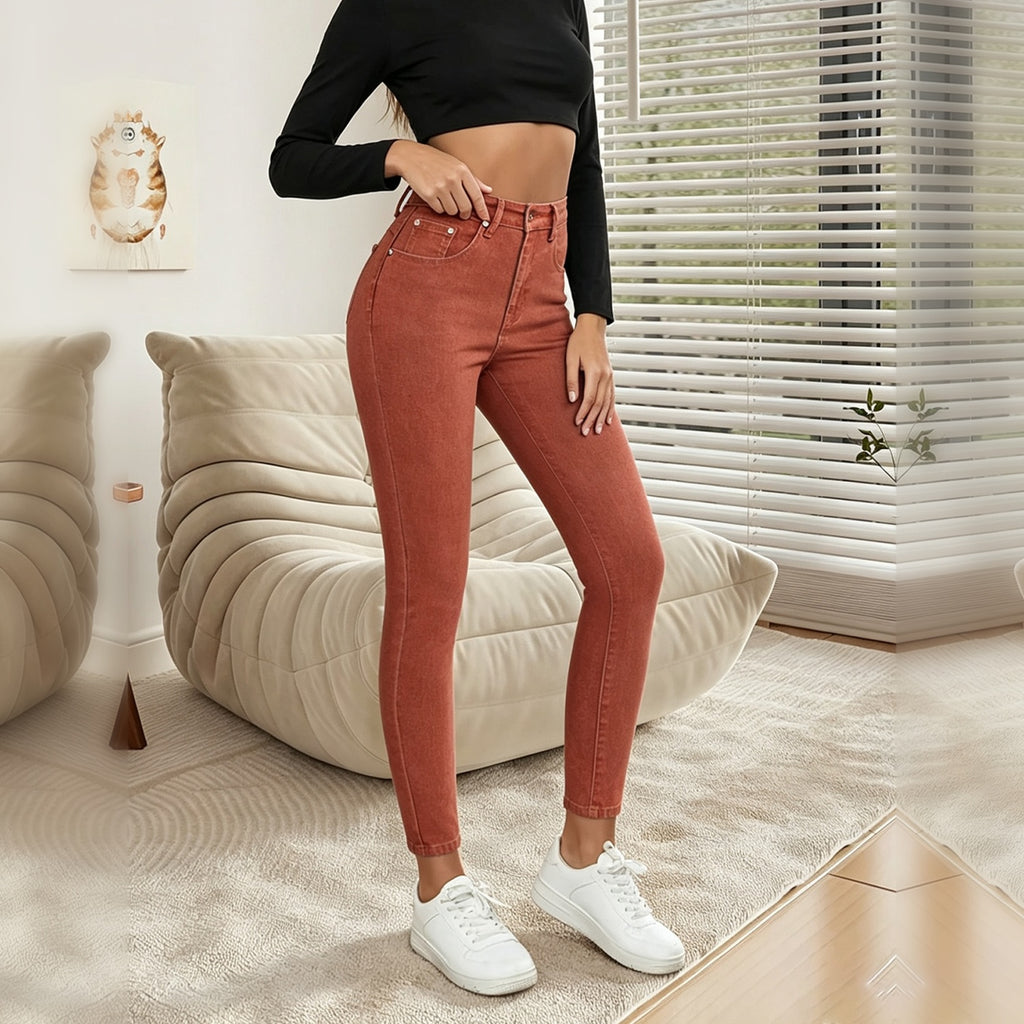 Women's Brick Red High Waist Skinny Jeans, Solid Color Stretch Slim Fit Ankle Denim Pants With Pockets