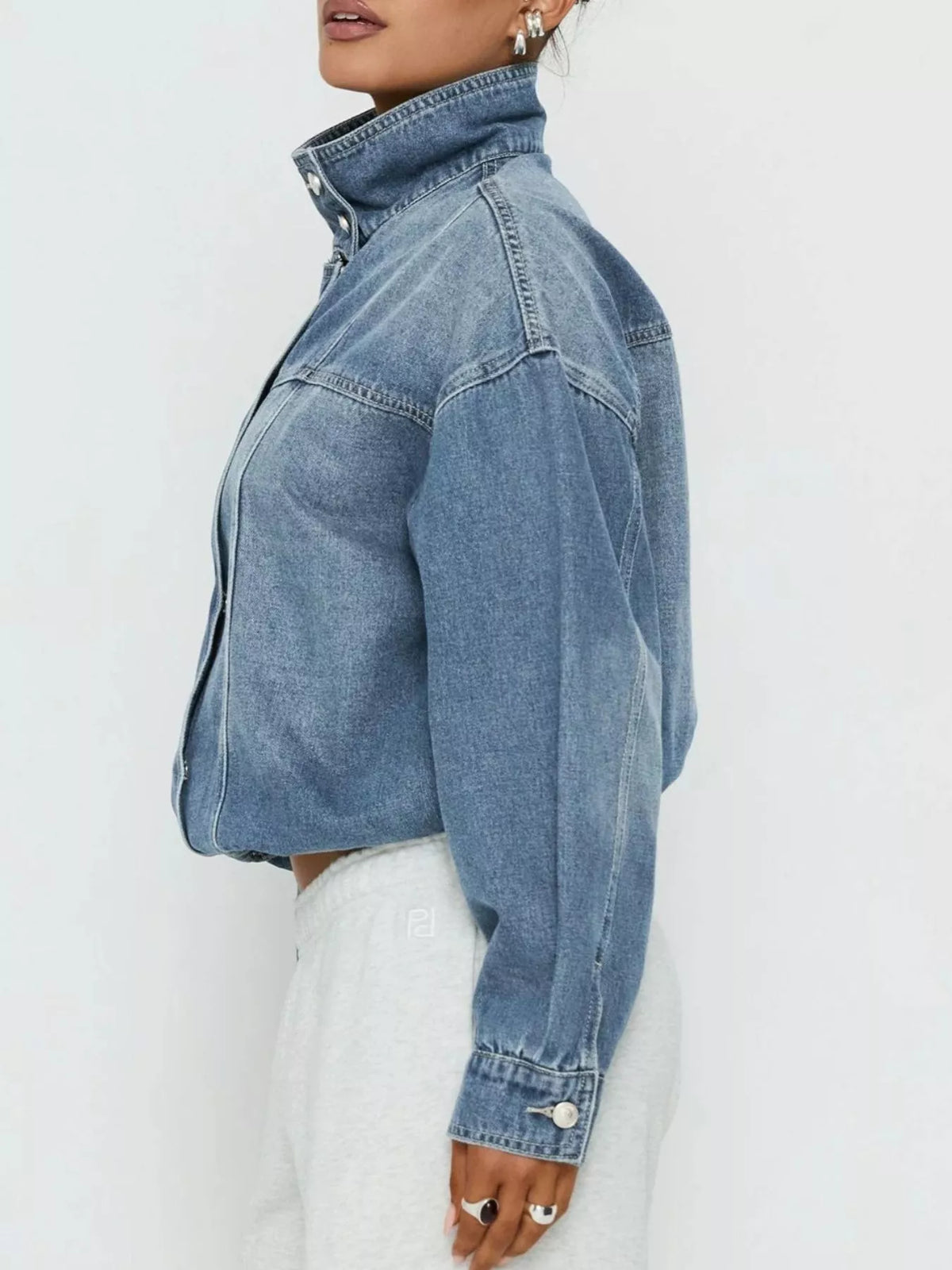 Women's Blue Washed Stand-Up Collar Denim Jacket - Blue