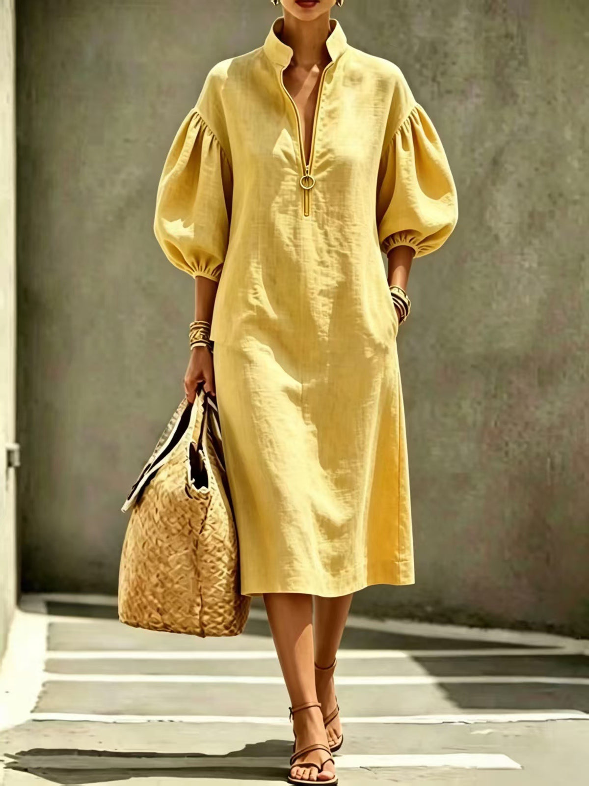 Summer New Women's Casual Loose Stand-Up Collar Puff Sleeve Half-Zip Women's Dress