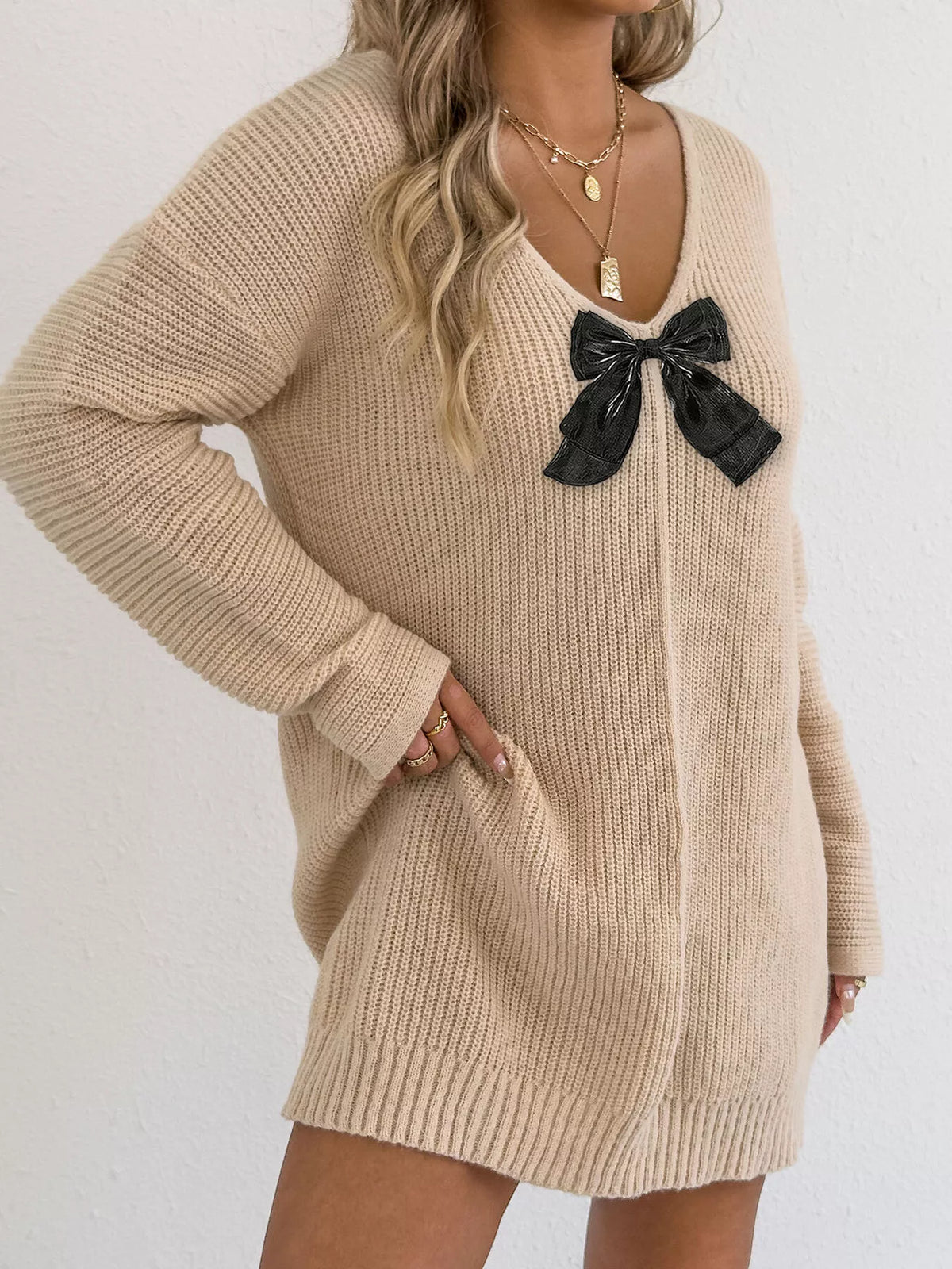 Women's Bow Ribbed Knit Sweater Dress - Apricot