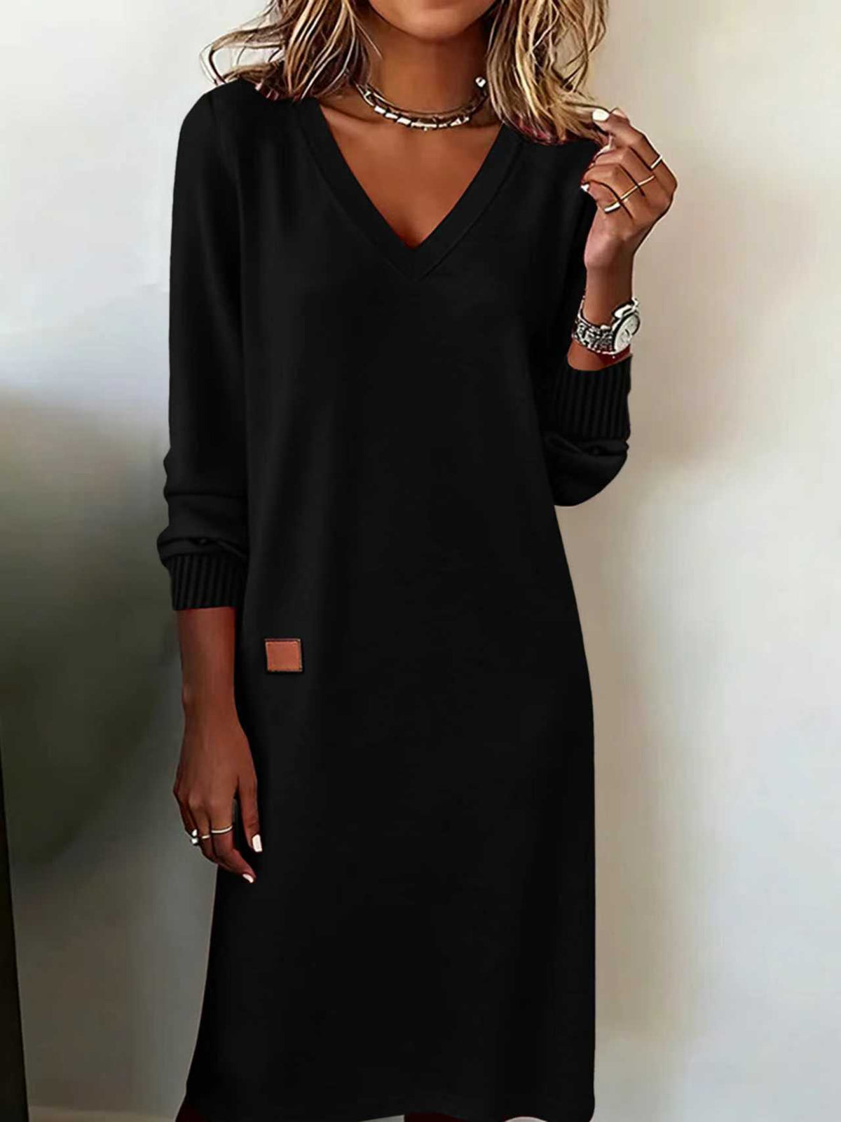 Women's European And American Cross-Border New Spring & Fall Women's V Neck Long Dress Slim Hip Skirt Women's Dress - Black