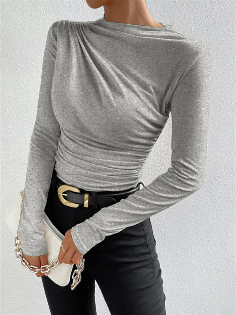 Women's Cross-border 2026 Europe And The United States Solid Color Slim Base Shirt Joker Pleated Design Sense Long Sleeve T-shirt Women's Top - Light gray