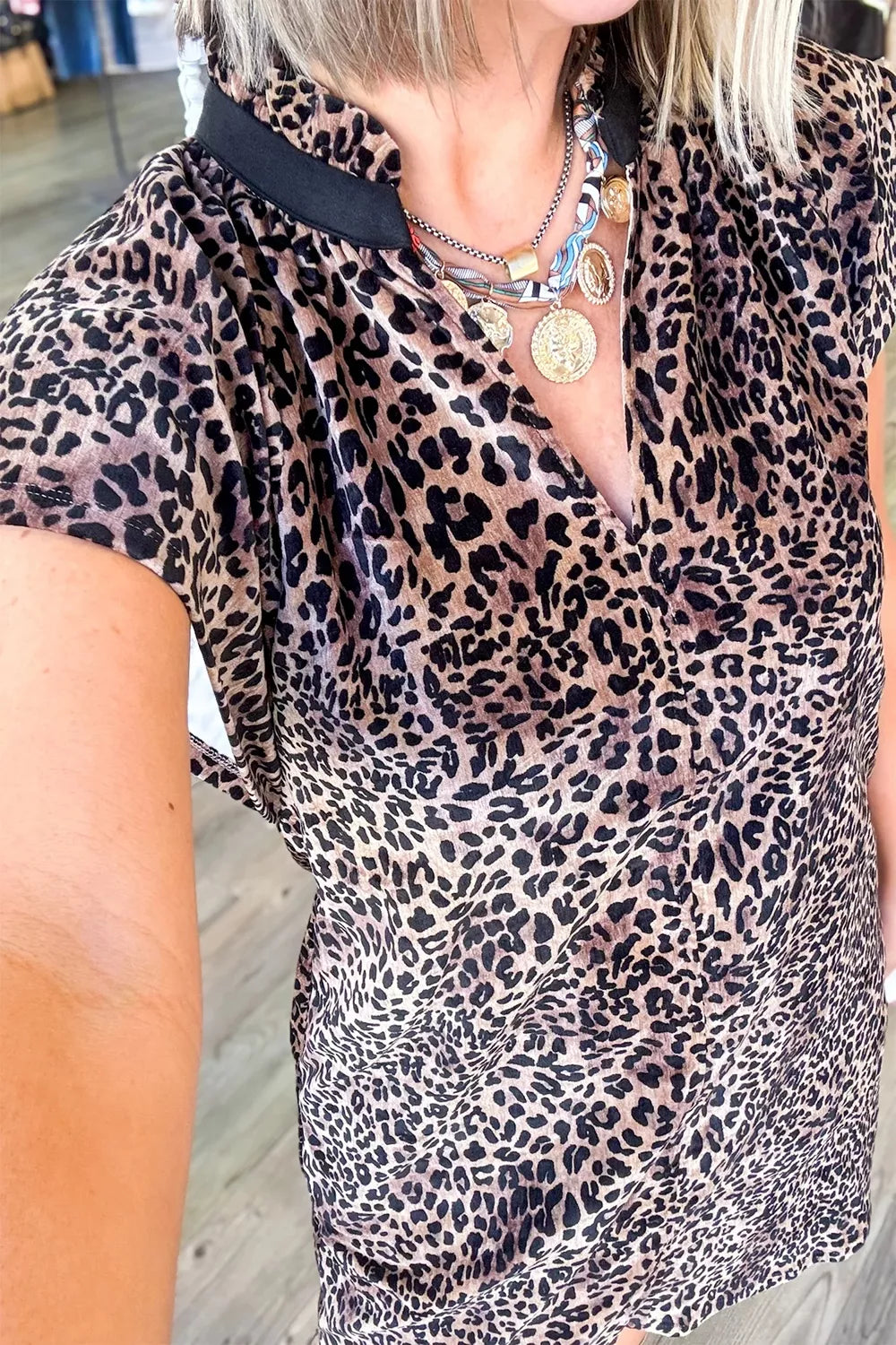 Leopard Print Short Sleeve Mini Shift Silhouette Dress