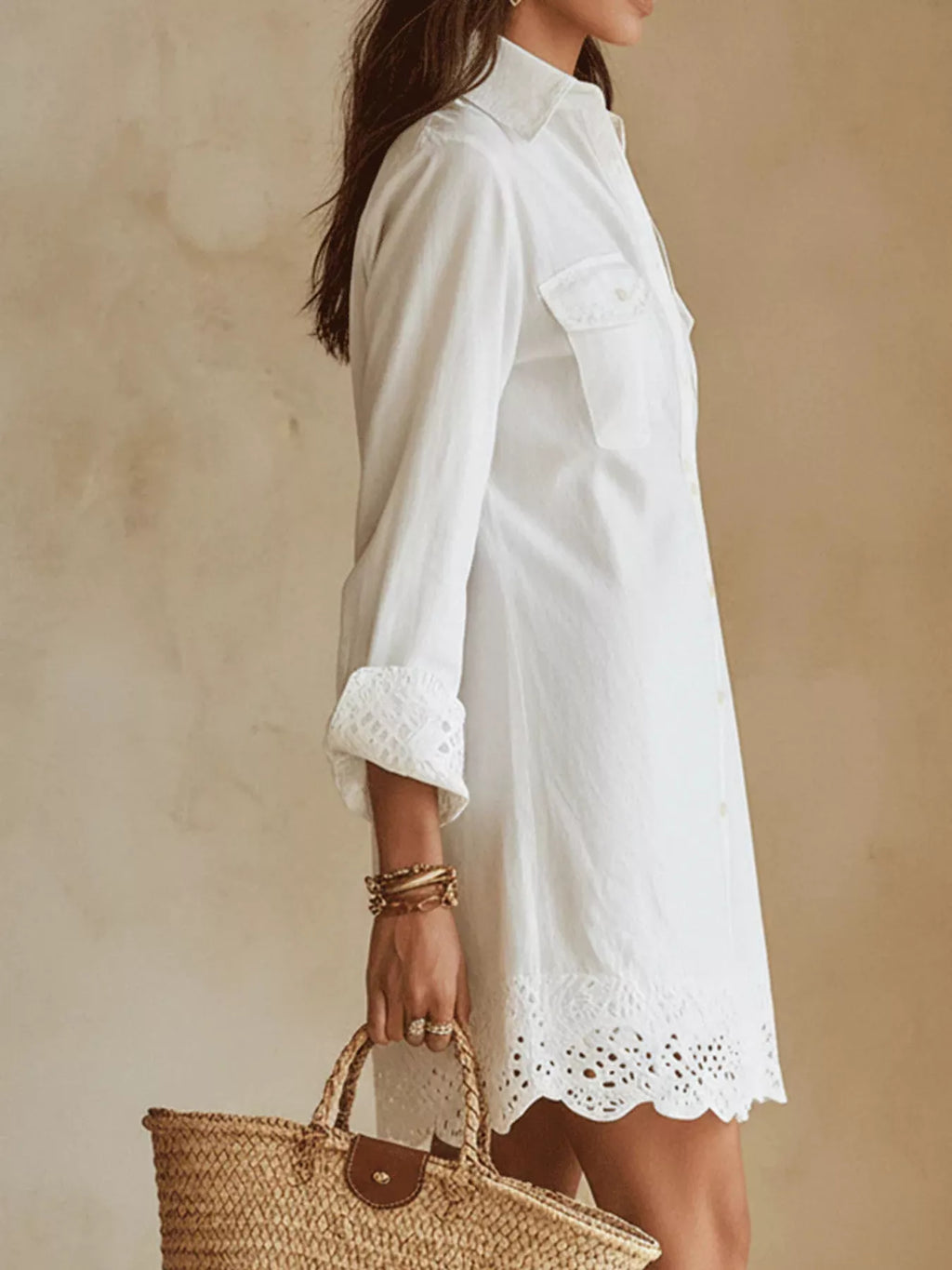 Women's Button-Down Shirt Dress with Lace Trim