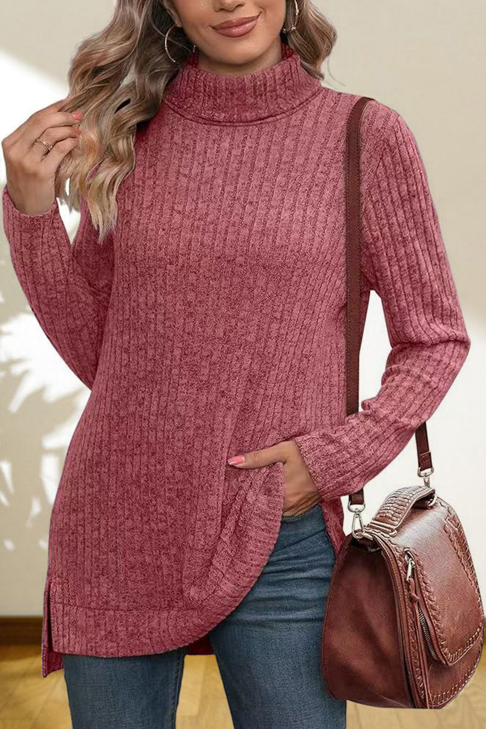 Women's Turtleneck High Low Top - Cerise
