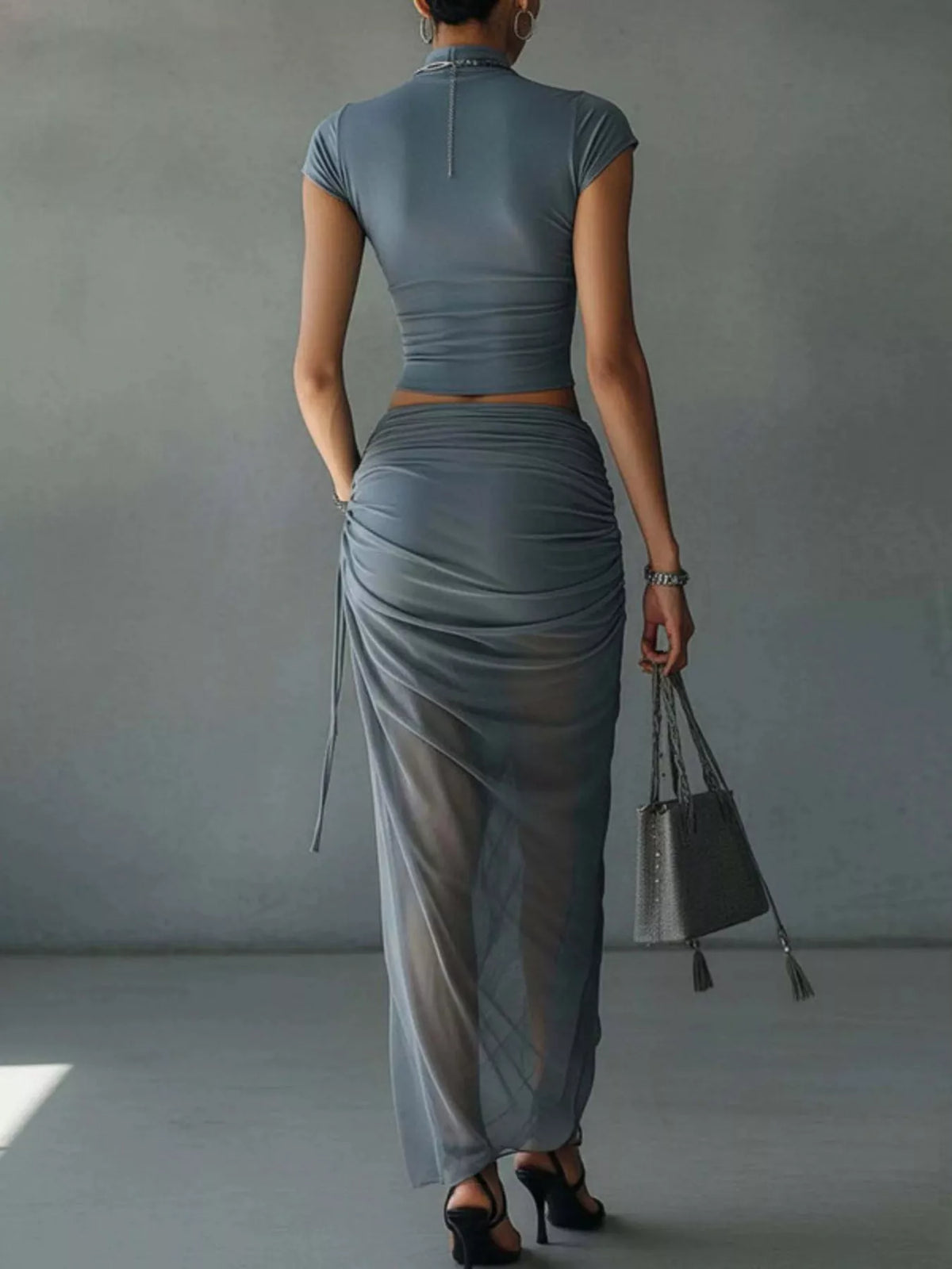 Women's Air Force Blue Mock Neck Crop Top and Ruched Maxi Skirt Set - Air Force Blue