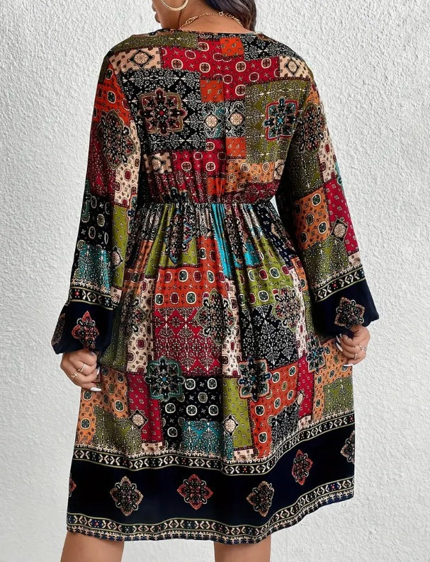 Women's Long Sleeve V-neck Printed Dress