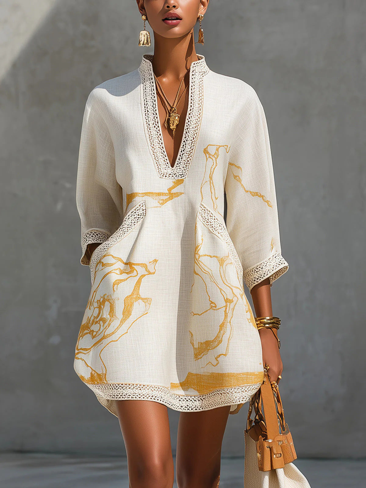 Navy Blue Gold Thread Abstract Print, Lace-Trimmed Collar, Three-Quarter Sleeves, Loose-Fitting Holiday-Style Cotton-Linen Short Dress With Belt