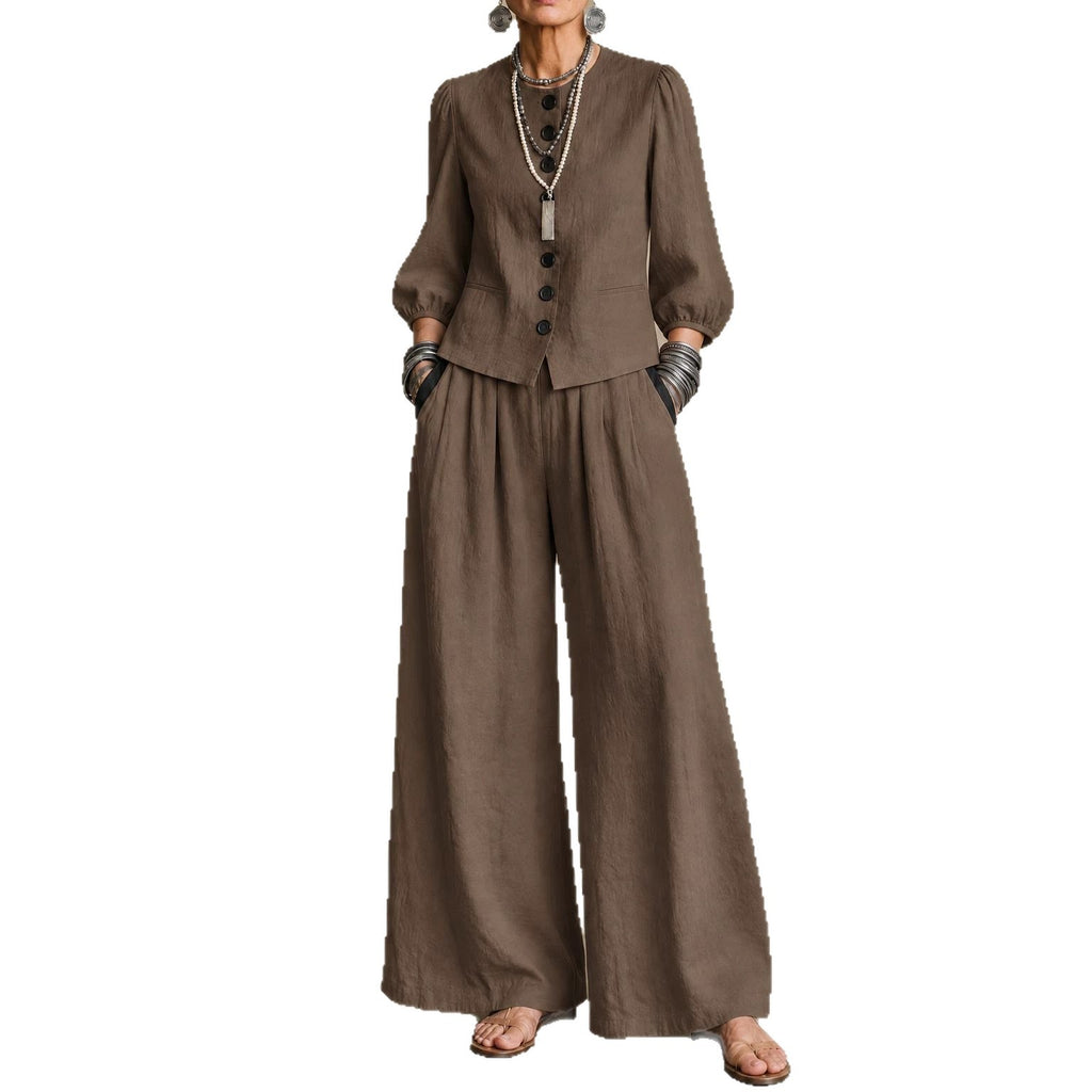 Women's Cotton-linen Set Single-breasted Lantern-sleeve Blouse And Wide-leg Pants Two-piece Set
