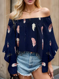 Women's Dark Blue Feather Print Smocked Off-Shoulder Blouse - Dark Blue