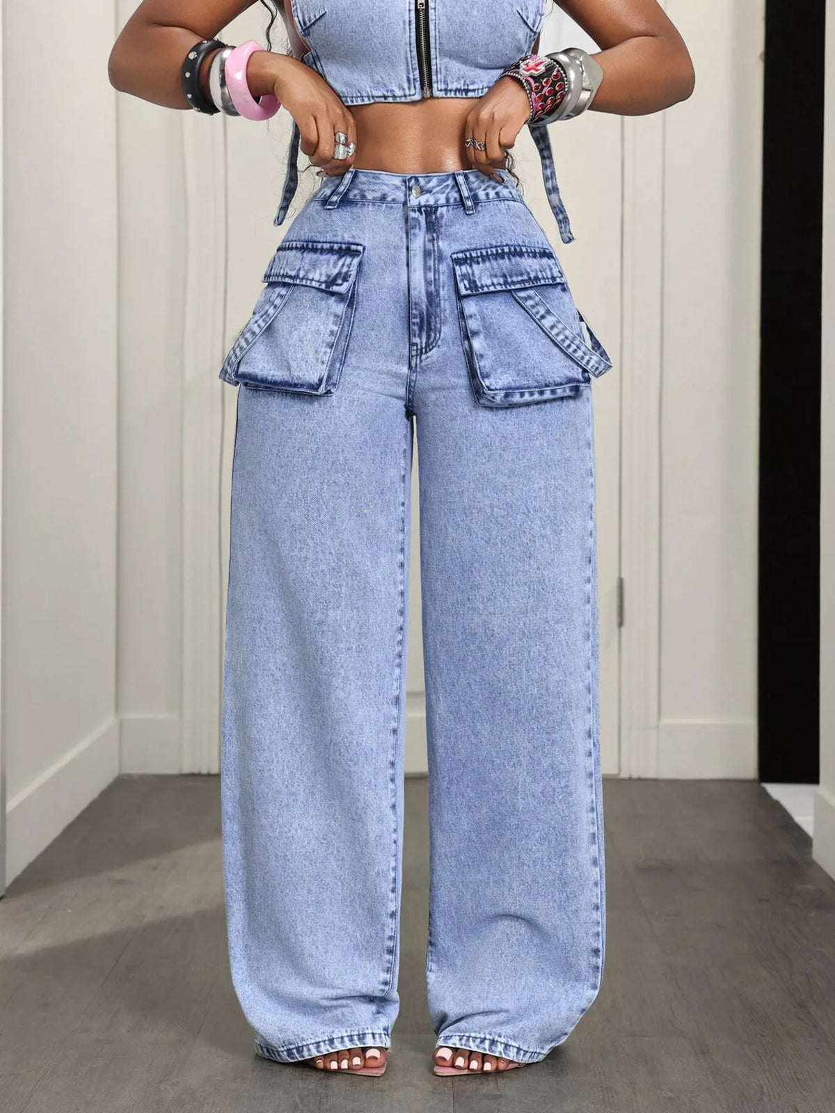 Women's Blue High-Waisted Wide-Leg Cargo Jeans - Blue