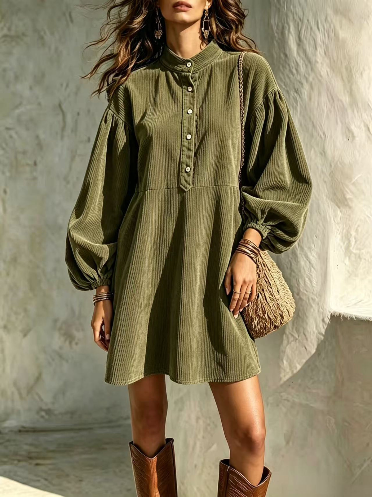 Hot Sale Fall Winter New Women's Fashion Vintage Corduroy Dress With Stand Collar And Lantern Sleeves