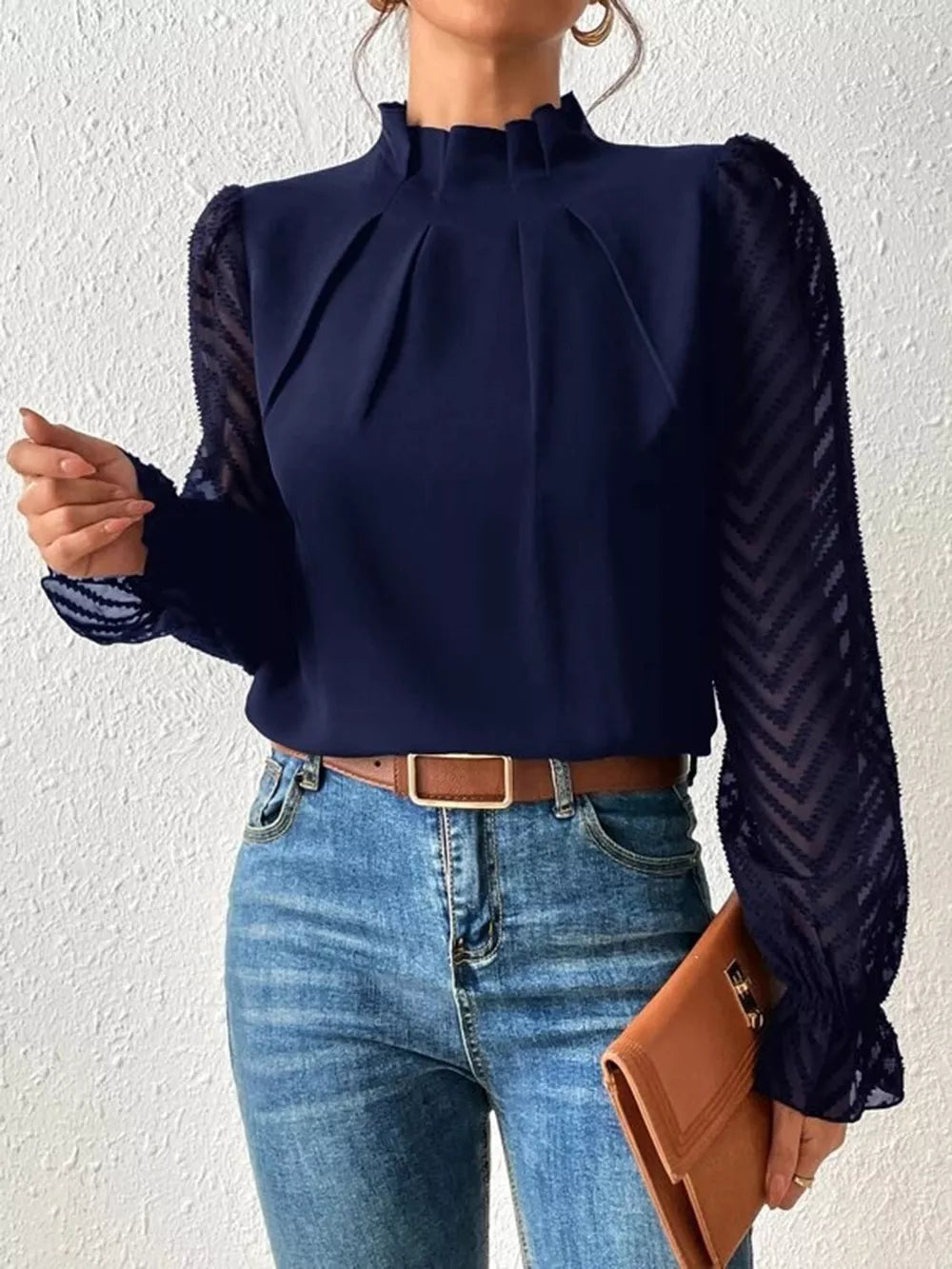 Women's Mock Neck Flounce Sleeve Blouse - Navy