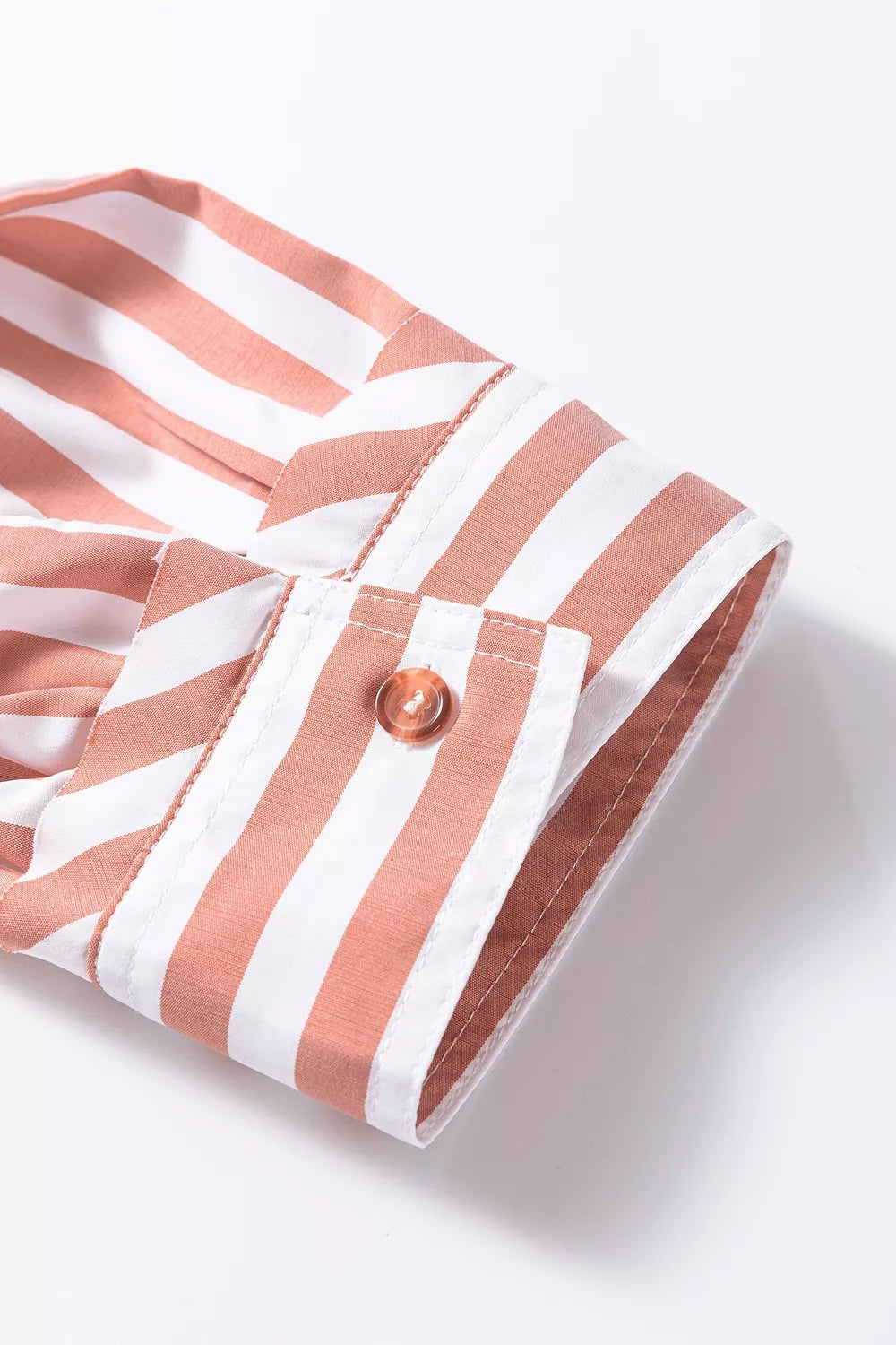 Women's Pale Blush Stripe Collar Button Front Bracelet Sleeve Ruffle Hem Shirt - Pale Blush