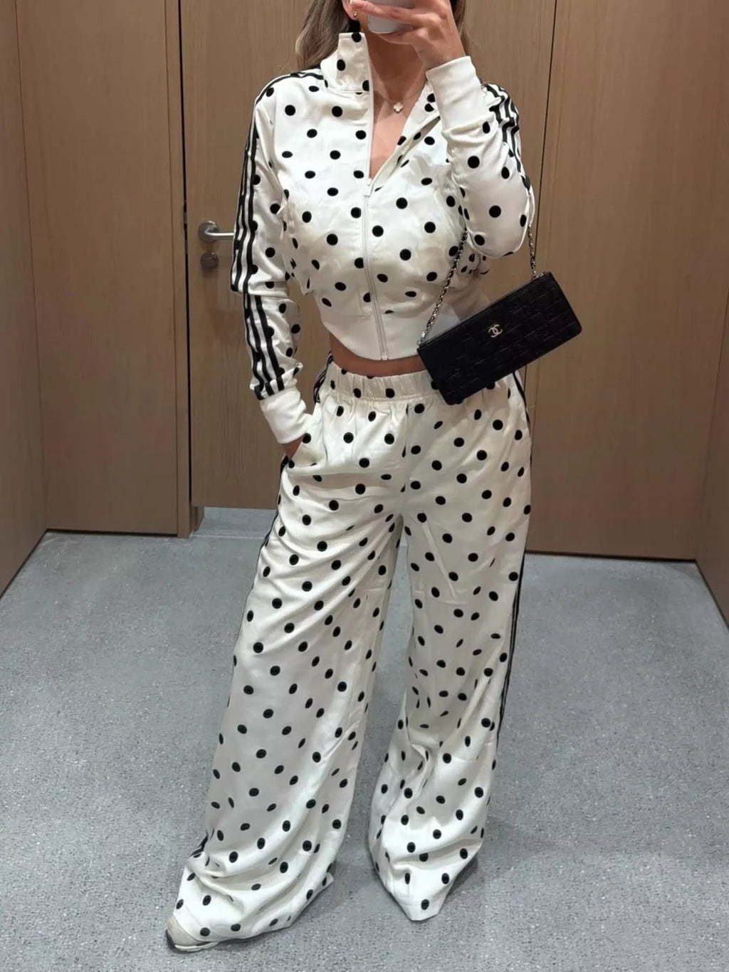 Women's Polka Dot Side Striped Outerwear and Pants Set