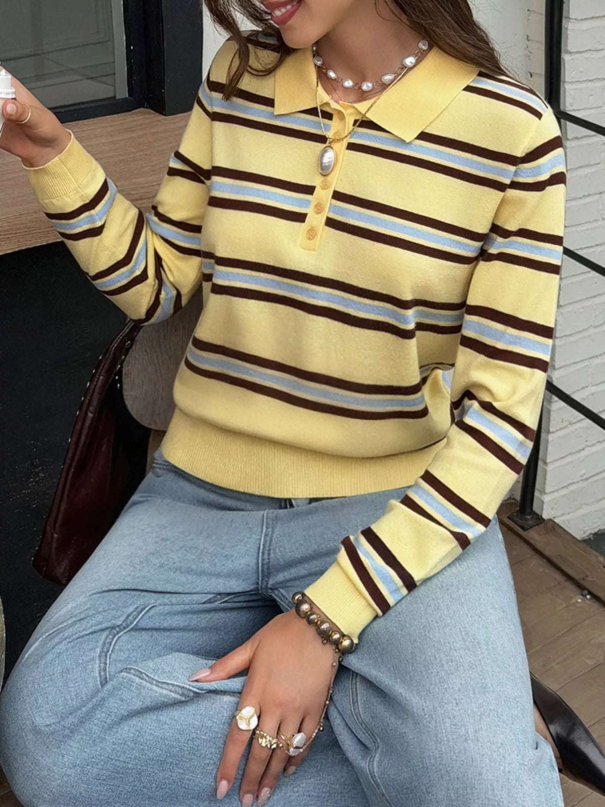 Women's Colorful Stripes Striped Polo Collar Knit Top - Colorful Stripes