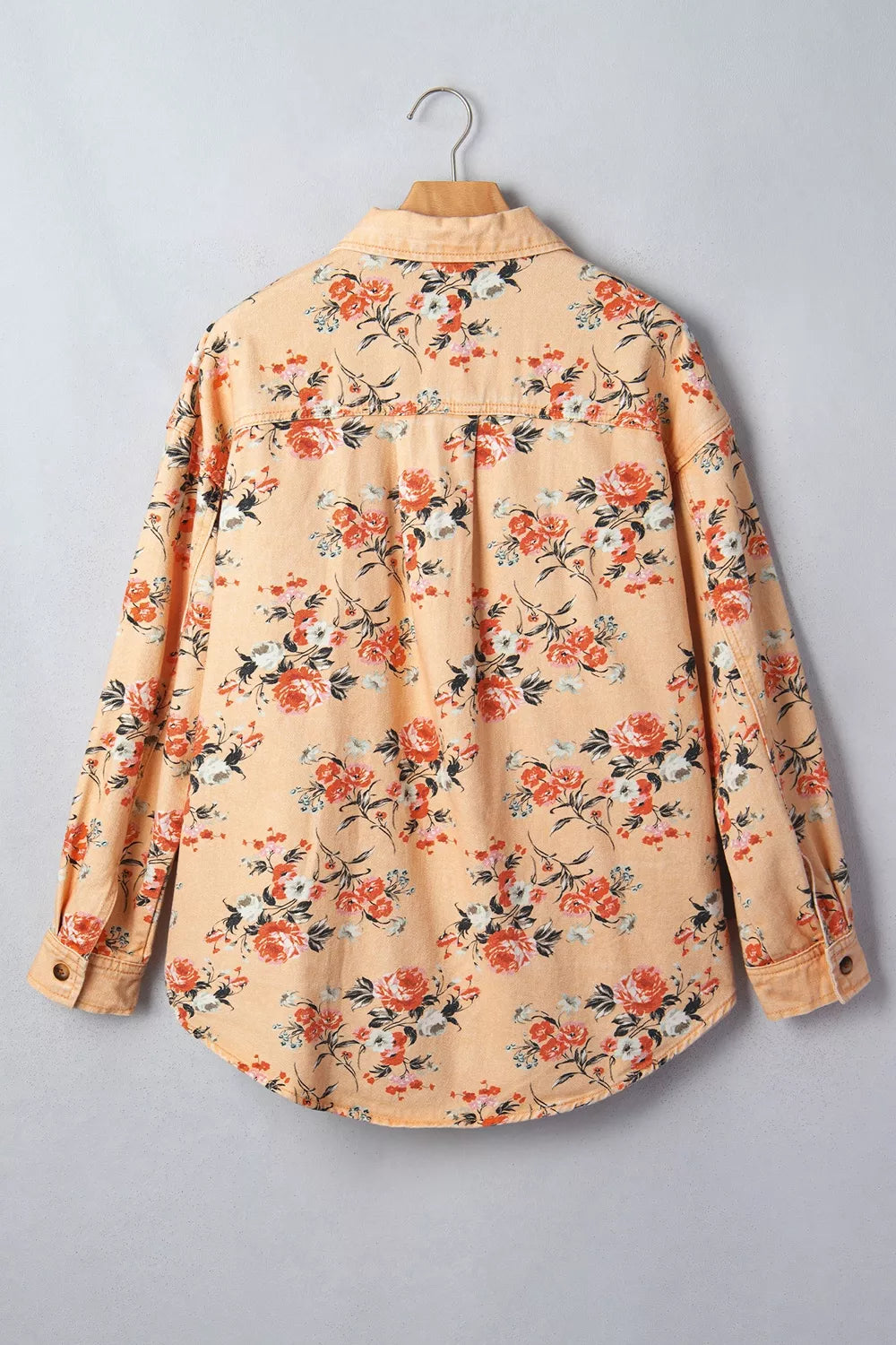 Women's Tan Floral Print Long Sleeve Denim Jacket - Tan