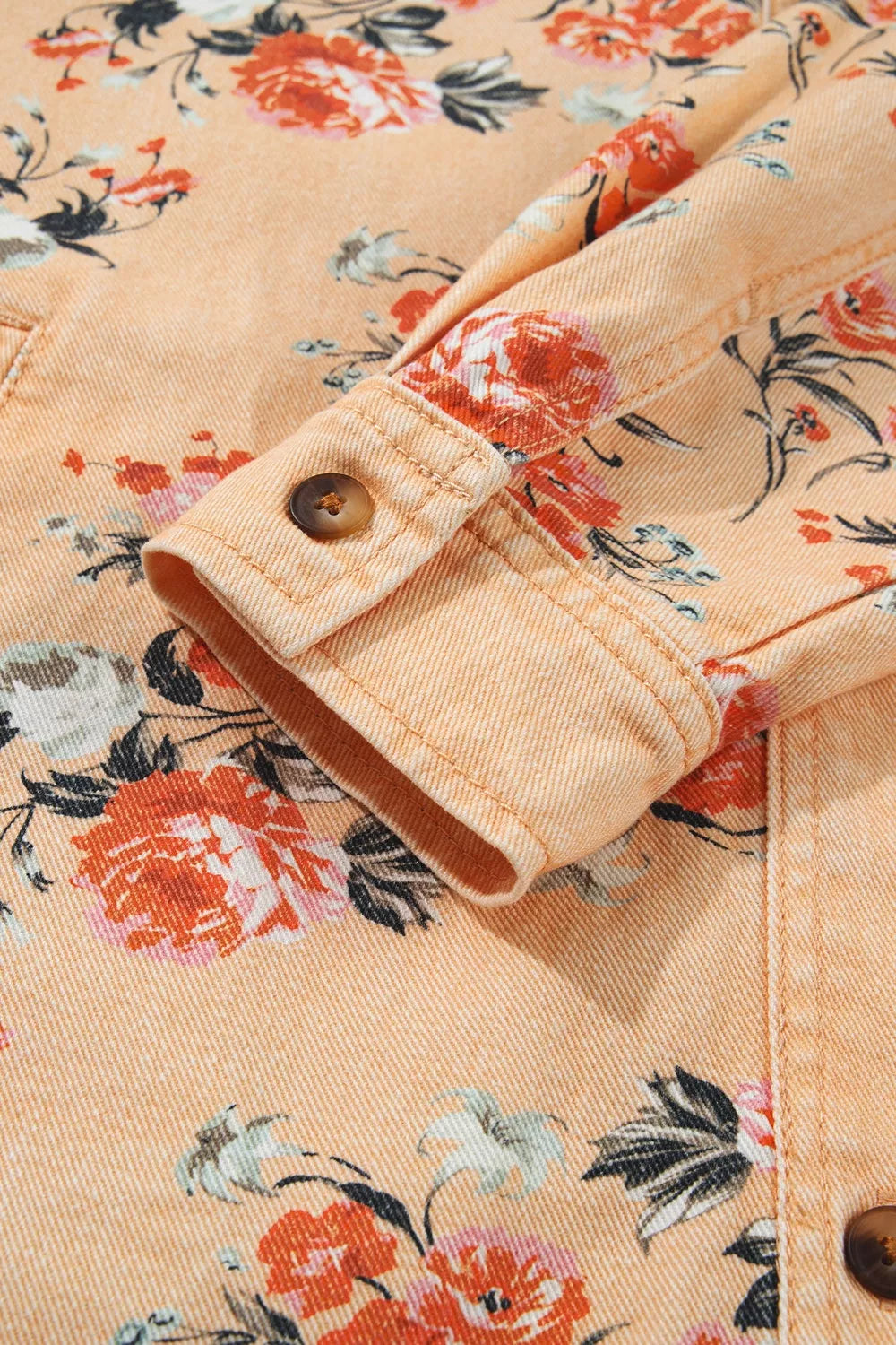 Women's Tan Floral Print Long Sleeve Denim Jacket - Tan