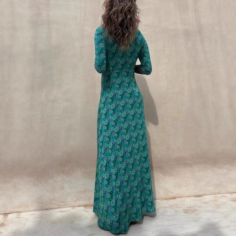 New Autumn And Winter Plus Size Women's Pretty Lady Large Swing Long Sleeve Fashion Flower Print Dress Dress Qing