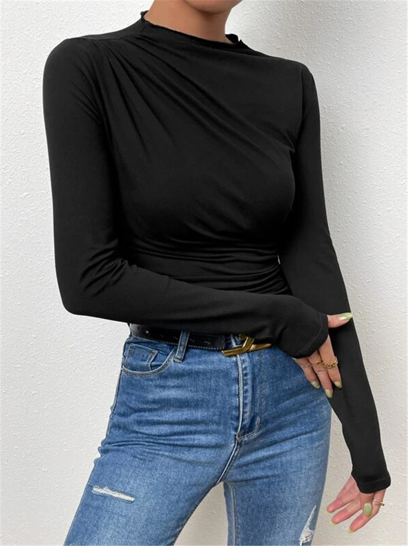 Women's Cross-border 2026 Europe And The United States Solid Color Slim Base Shirt Joker Pleated Design Sense Long Sleeve T-shirt Women's Top - Black