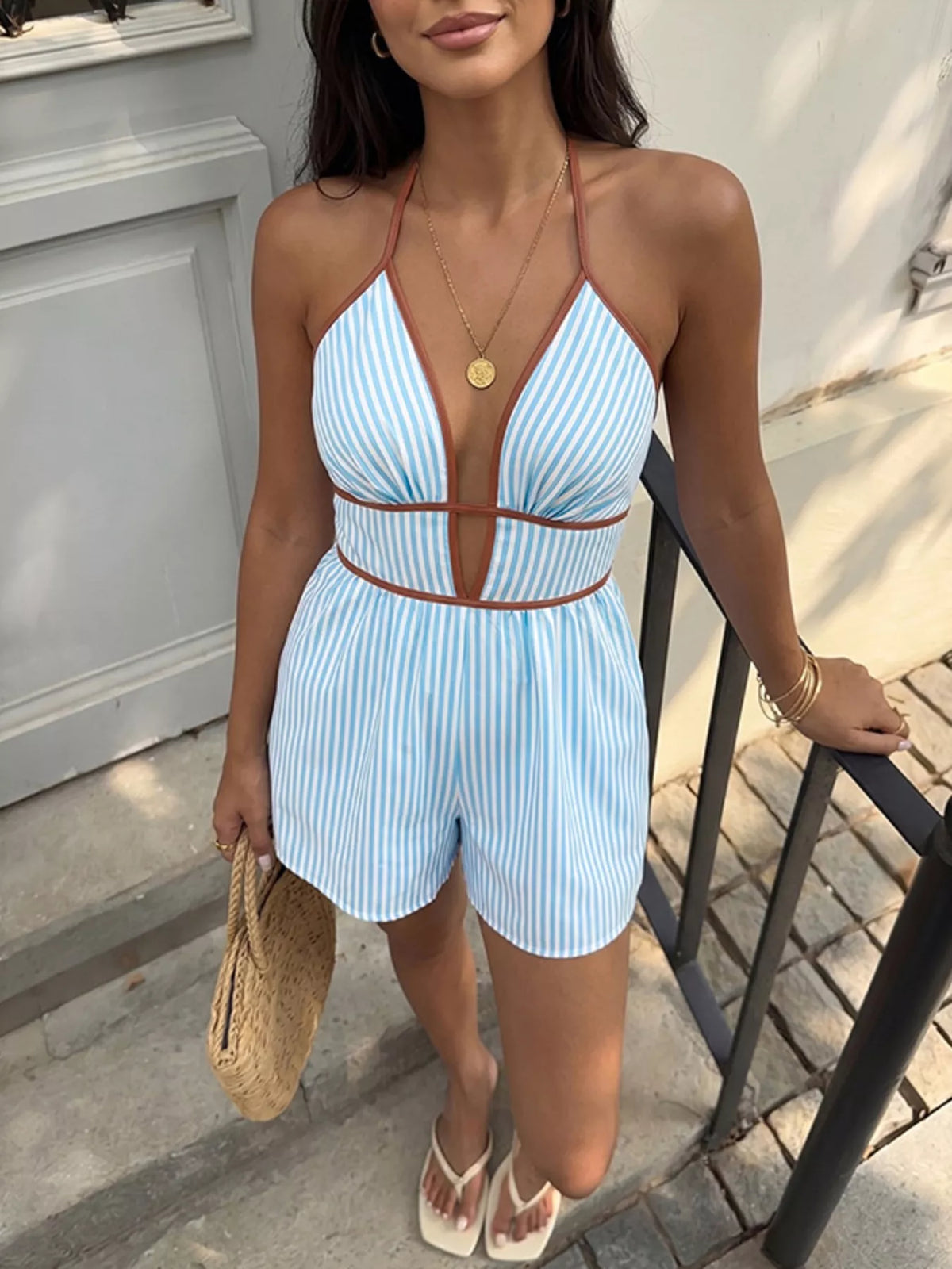 Women's Blue Striped Halter Neck Romper - Blue