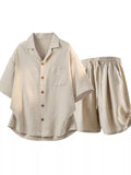 Men's Button Up Short Sleeve Shirt and Shorts, Plus Size - Ivory