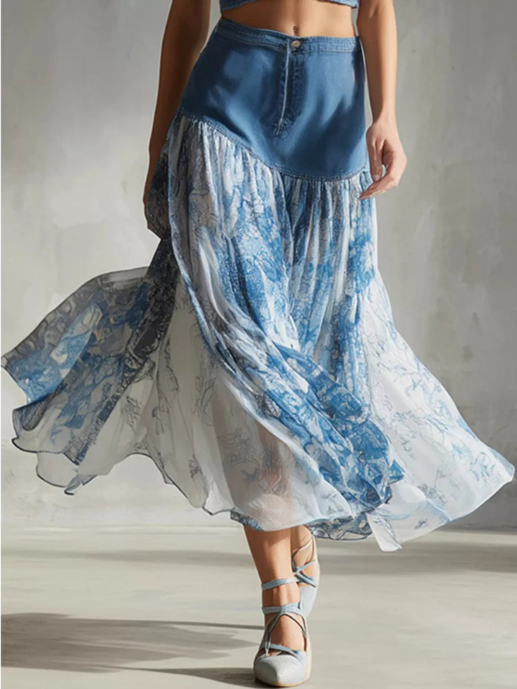 Women's Blue Denim-Paneled Floral Print Skirt - Blue