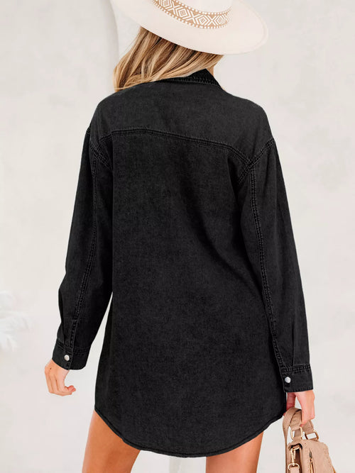 Chest Pocket Raw Hem Denim Loose Shirt Dress in Black